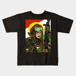 flag of kurdistan with a kurdish YPG soldier. proud kurds. Kids T-Shirt